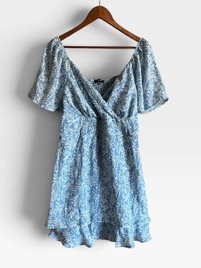 Light Blue Botanical- Print Wrap Mini Dress